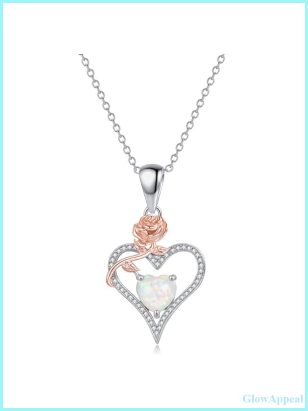 14K White Gold Plated Heart Opal Rose Flower Pendant Necklace